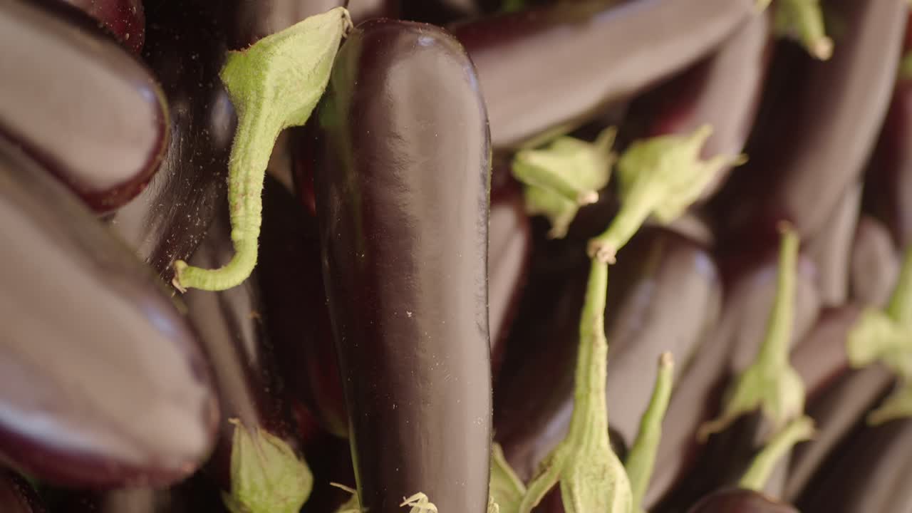 Close-up of Fresh Purple Eggplants with Green Stems