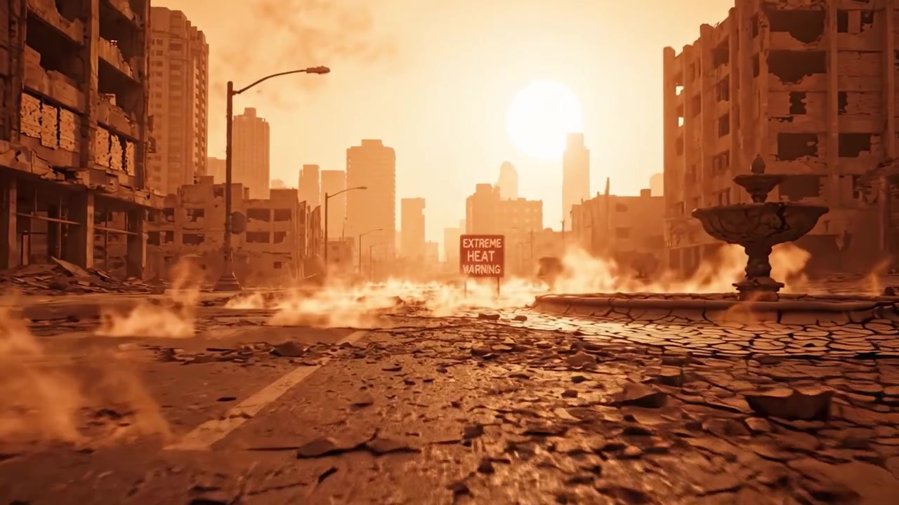 Una visione inquietante di una città sotto allerta calore estremo: strade desolate, terreno crepato e un segno rivelatore sullo sfondo di un tramonto infuocato mostrano i pericoli della crisi climatica