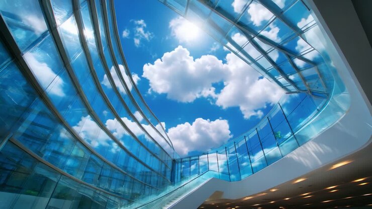 Un diseño arquitectónico moderno e impresionante que muestra una escalera que conduce a un cielo inmenso, lleno de nubes esponjosas y una estructura de cristal única que refleja la luz del sol a la perfección