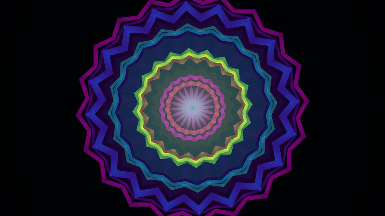 Un motivo a spirale presenta vivaci forme a zigzag in più colori su uno sfondo scuro. Il design crea un senso di movimento e profondità, attirando l'attenzione dello spettatore.