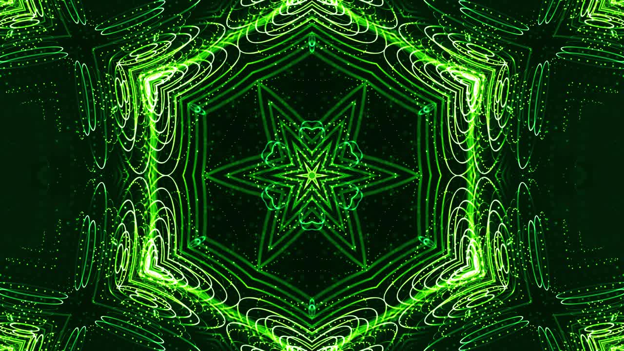 las partículas verdes brillantes forman líneas, superficies, patrones estelares, estructuras de caleidoscopio. fondo 3d de ciencia ficción en bucle de 4k con estructuras de puntos simétricos de abstracción en movimiento. bg virtual o holográfico