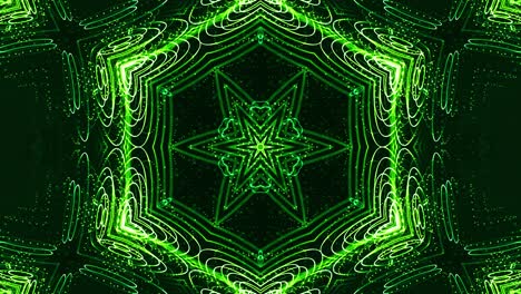 las partículas verdes brillantes forman líneas, superficies, patrones estelares, estructuras de caleidoscopio. fondo 3d de ciencia ficción en bucle de 4k con estructuras de puntos simétricos de abstracción en movimiento. bg virtual o holográfico