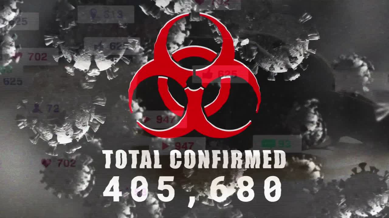 animación de células de covid 19 y procesamiento de datos con símbolo de peligro biológico