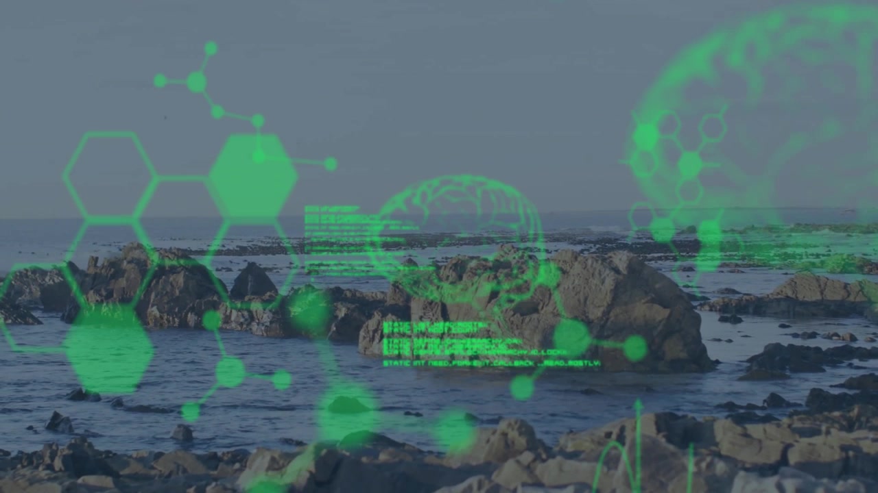Hexagonal networks flowing over rocky shore, blending molecular icons, brain graphic, code streams