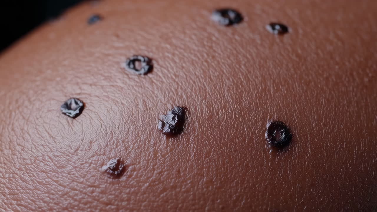 Close-up of skin with numerous dark lesions or marks