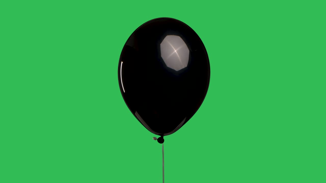 globo negro brillante cuelga en el aire y luego cae contra el fondo de la pantalla verde clave de croma. primer plano de un globo de helio de forma ovalada en la cinta. cámara lenta