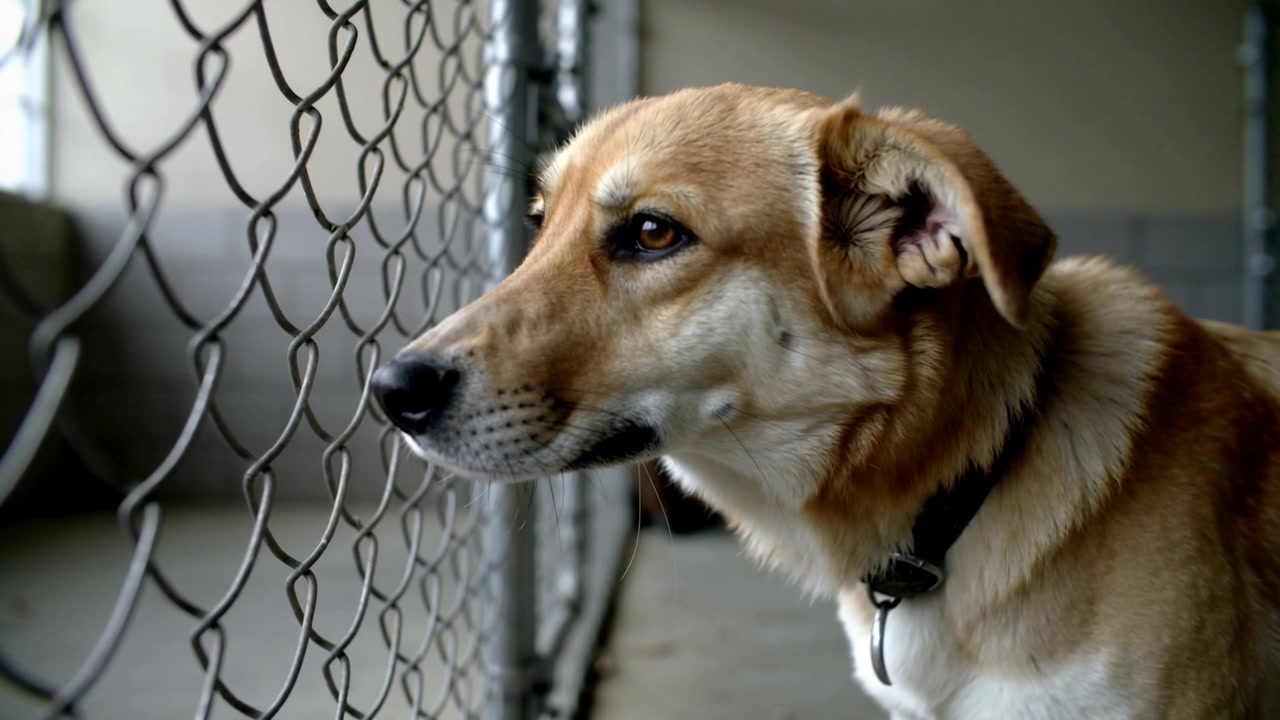 Perro canela asomándose por una valla de tela metálica en la perrera, atraído por un movimiento fuera de cuadro, con una placa en el collar.