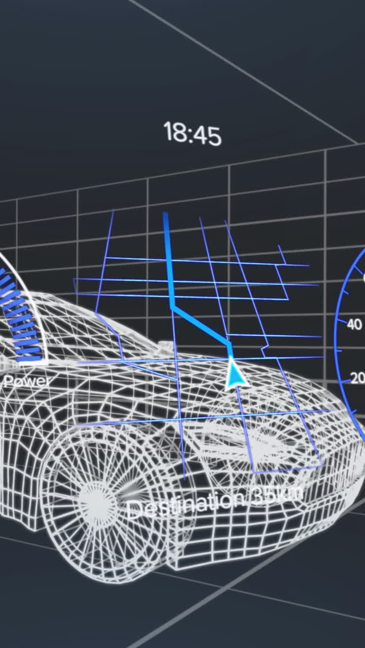 animación del velocímetro, el gps y los datos del estado de carga en la interfaz del vehículo, en un modelo de coche 3d