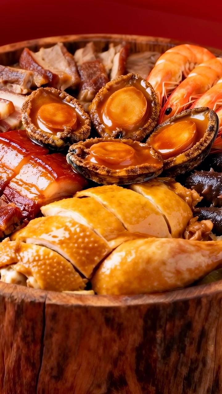 Vertical video: Camera pulling back revealing wooden platter with prawns showing food gloss