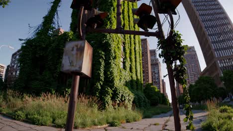 abandoned building overgrown with ivy and rusty traffic signal