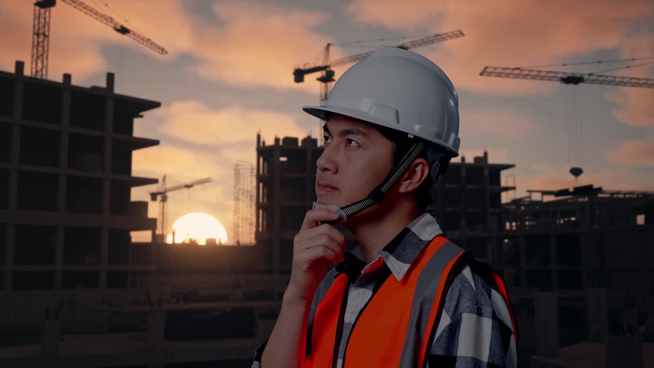 Close Up Side View Of Asian Male Engineer With Safety Helmet Thinking And Looking Around Then Raising His Index Finger While Standing At Building & Construction Site in Progress to New House