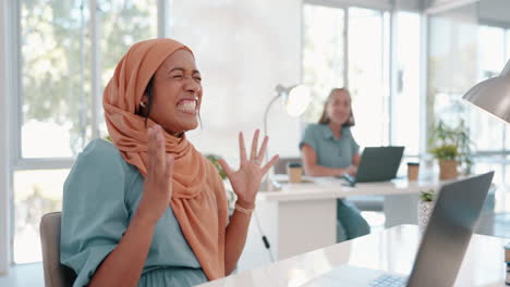 winner, laptop and excited with a business muslim