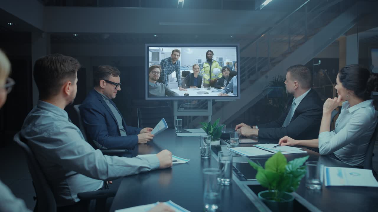 늦은 밤에 회의실에서 경영진과 경영진의 다양한 그룹은 엔지니어 팀, 생산 라인 전문가와 회의 비디오 통화를합니다. 회사의 생산과 성장을 최적화합니다.