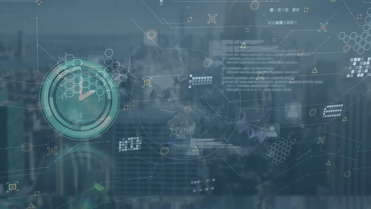 animación de reloj móvil con procesamiento de datos y globo con red de conexiones sobre el paisaje urbano