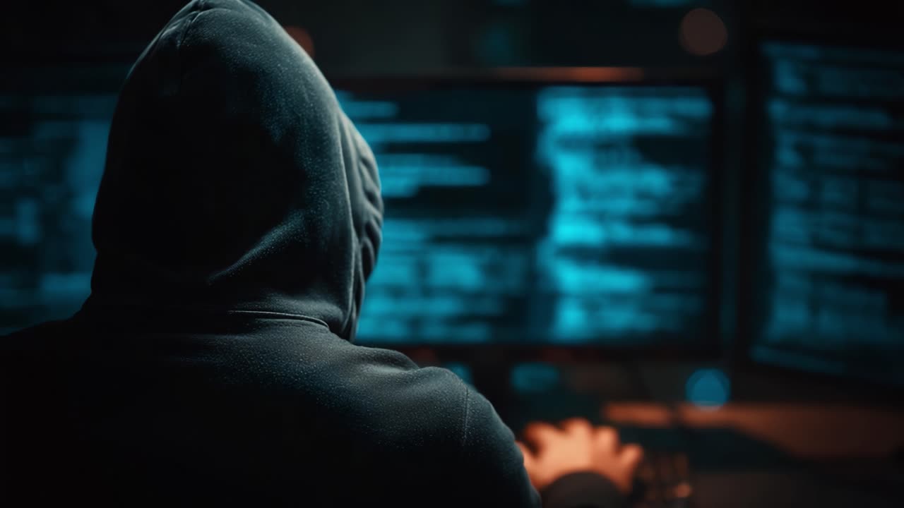 Una Figura Misteriosa Incappucciata Impegnata in Complesse Attività di Codifica in un Ambiente ad Alta Tecnologia con Monitor Luminosi e Linee di Codice.