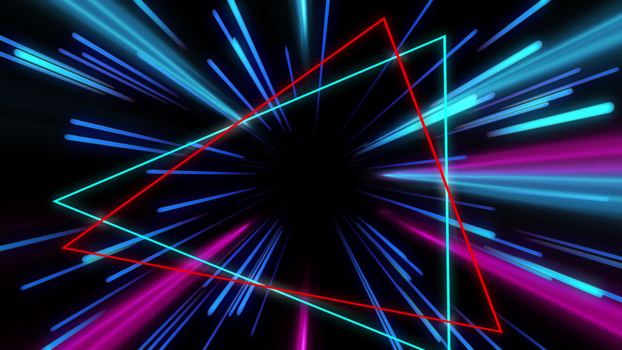 linee di neon colorate e animazione di triangoli che creano un effetto tunnel dinamico e futuristico