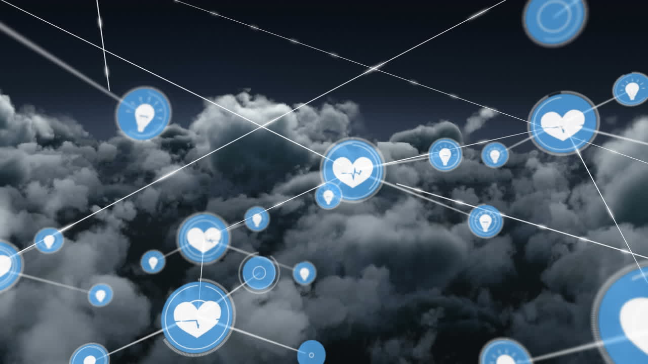 animación de la red de conexiones con iconos sobre el cielo