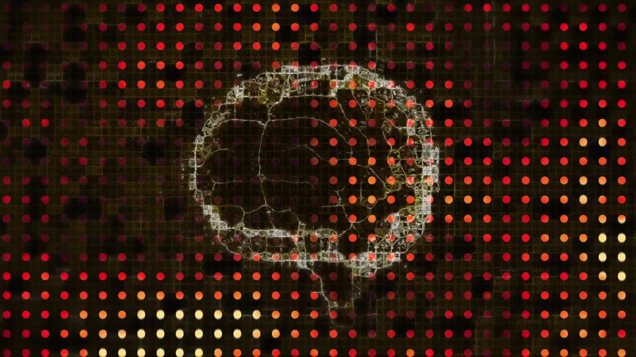 Animation of human brain icon spinning over red glowing dots pattern design against black background