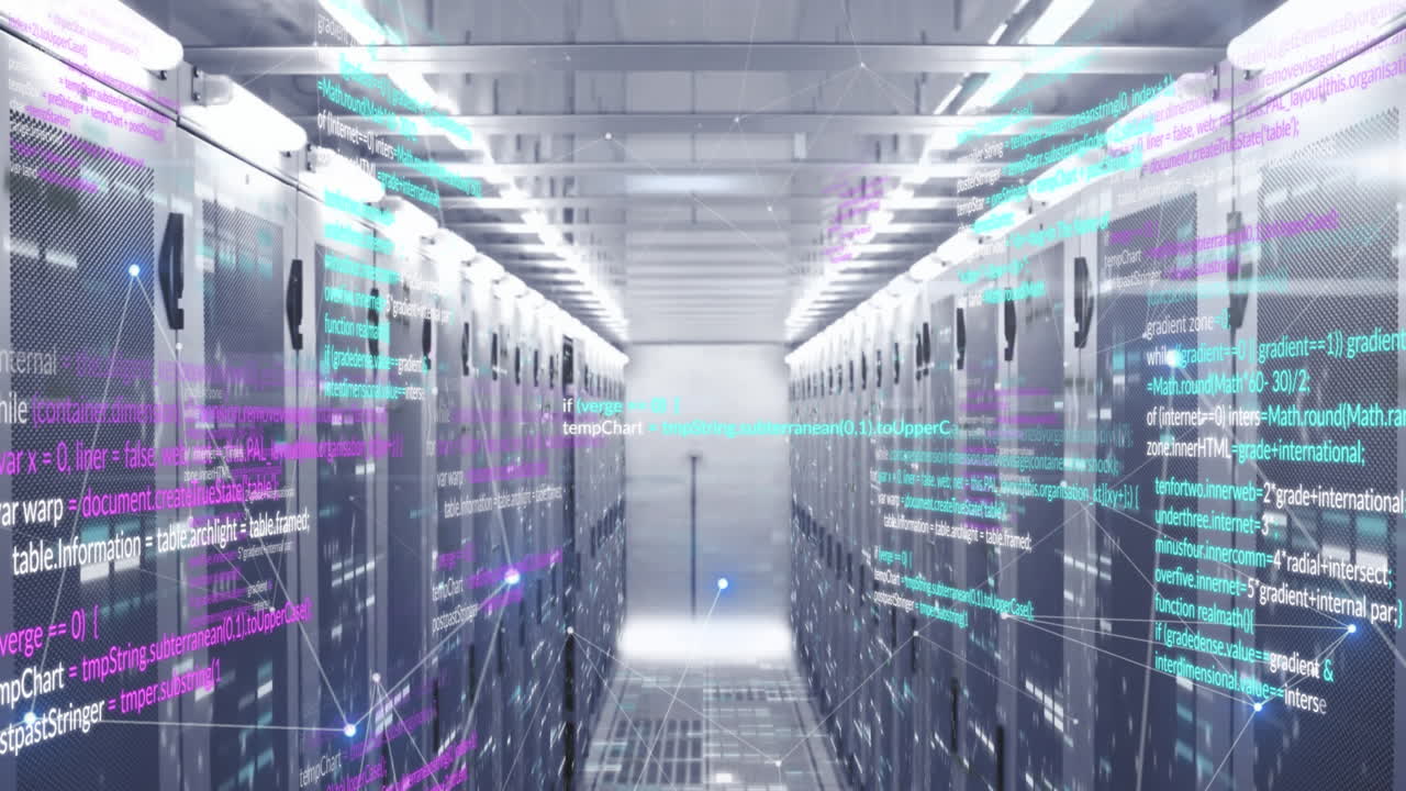 Animation of connected dots and computer language over data server racks in server room