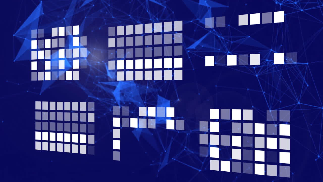 Animation of purple shapes moving over white squares