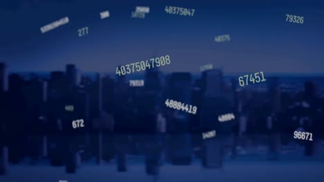 animation of multiple changing numbers against aerial view of cityscape