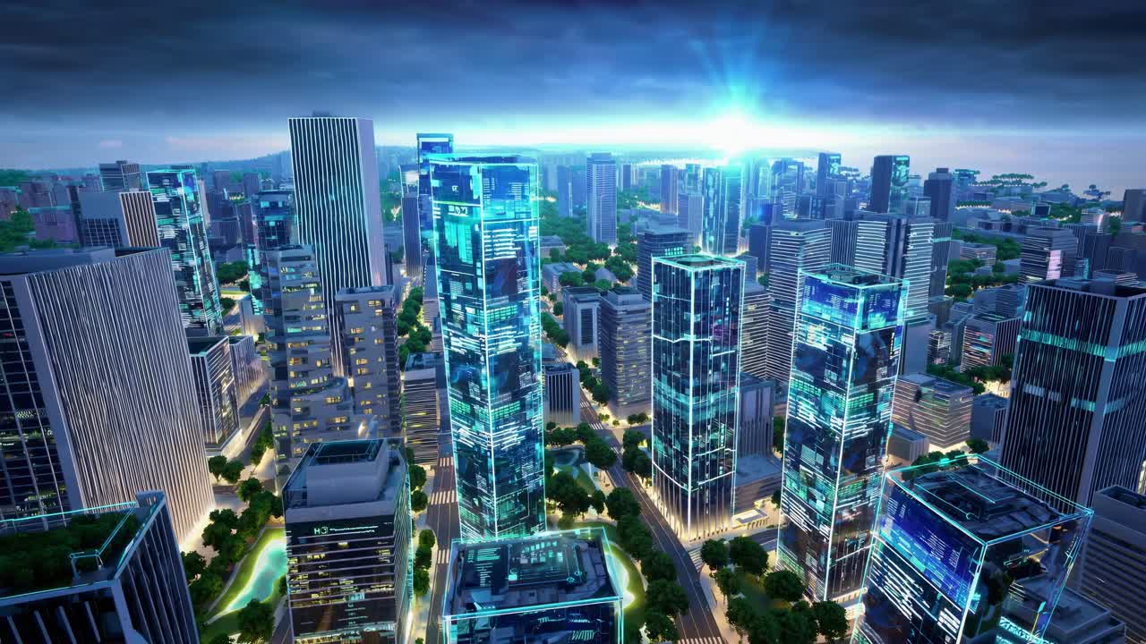 Futuristic cityscape with glowing skyscrapers, captured from a high-angle view, resembling a sci-fi