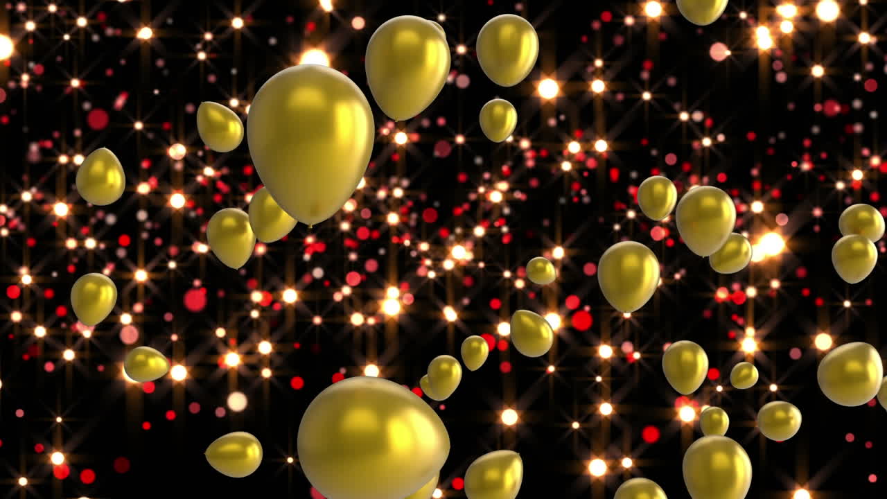animación de globos dorados volando sobre luces brillantes