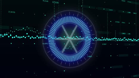 animación de gráficos con números cambiantes sobre la rueda giratoria en círculo sobre fondo negro.