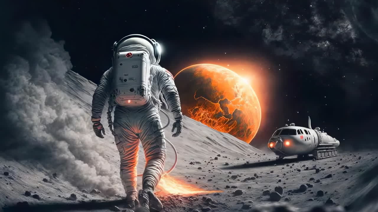 Astronaut on an Alien Moon with a Large Glowing Planet in the Sky
