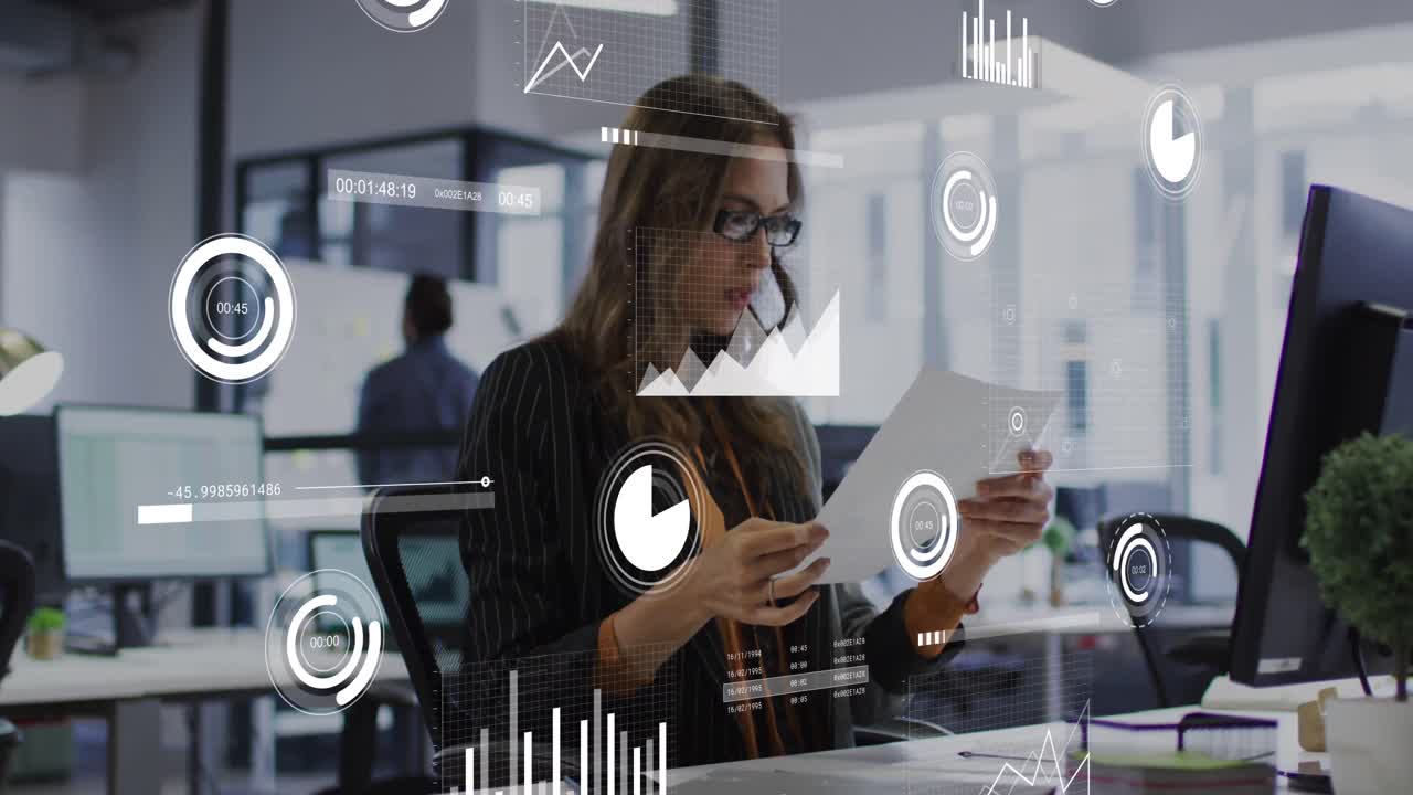 animación de iconos, estadísticas y procesamiento de datos sobre mujeres de negocios