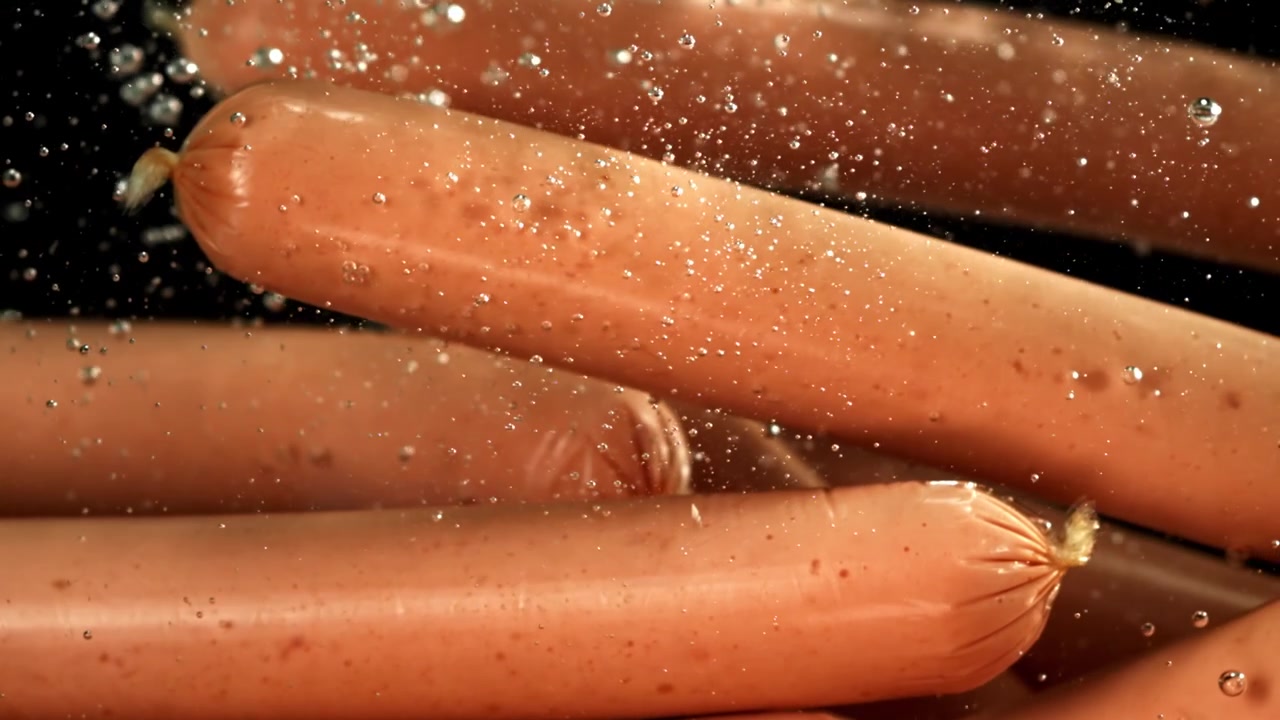 Salsicce in ebollizione in acqua con bolle in risalita