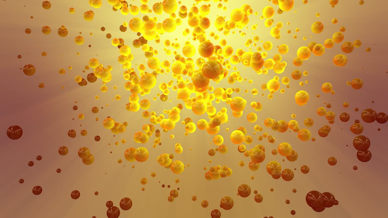 추상적인 노란색 구는 조명된 공간에서 떠다닙니다.