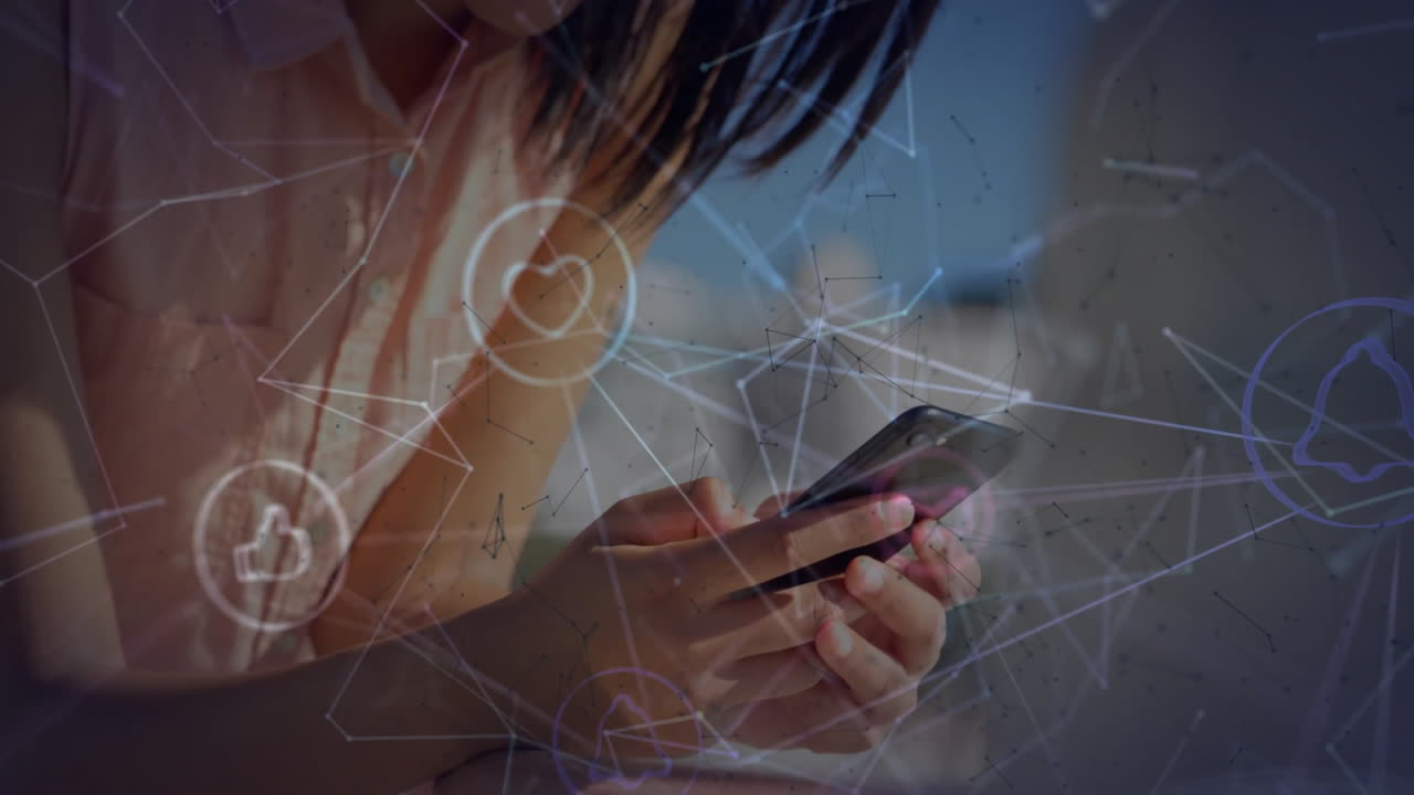 animación de una red de conexiones con iconos sobre una mujer biracial usando un teléfono inteligente