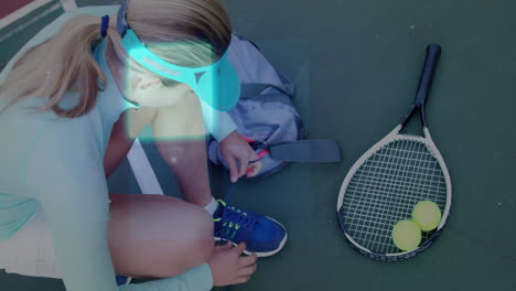 female tennis player tying shoelace on hard court, displaying floating health graph above racket