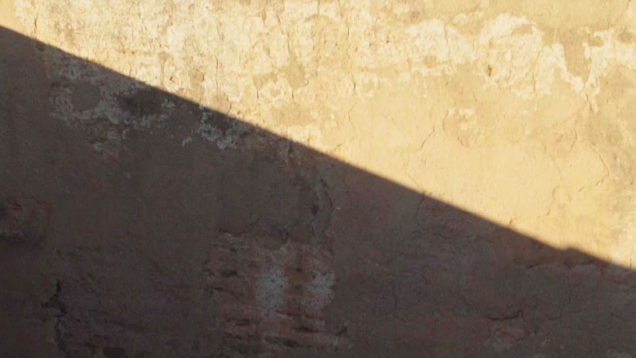 오렌지색 고대 벽에 있는 두 관광민족의 그림자