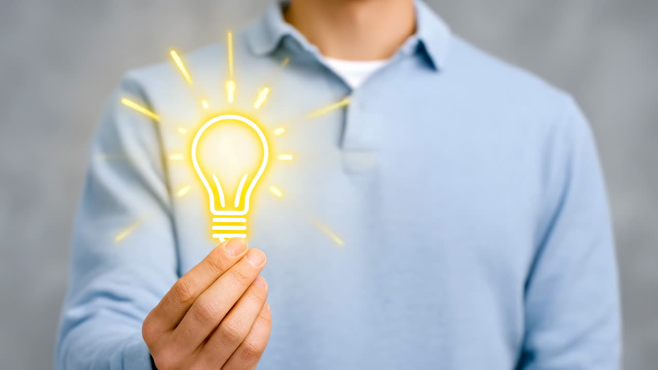 Hand holding glowing light bulb symbol. Person holds a bright, glowing light bulb illustration, symbolizing creativity and new ideas in a neutral setting