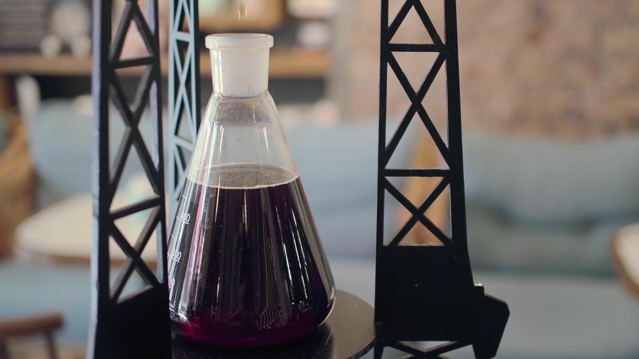 Dark Liquid Dripping into Glass Flask in Laboratory Setting