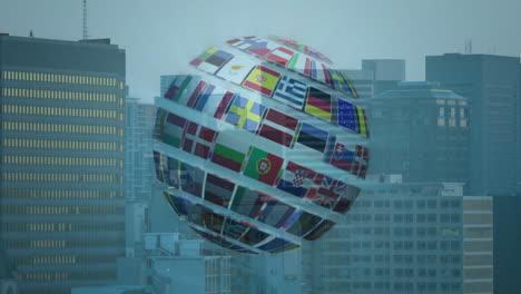 rotating globe with international flags animation over cityscape