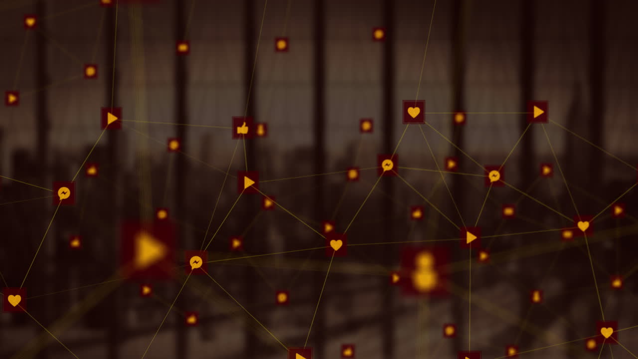 red de iconos de conexión contra el paisaje urbano