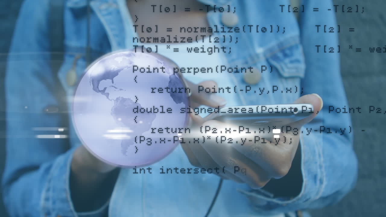 Animation of data processing and globe over african american woman using smartphone