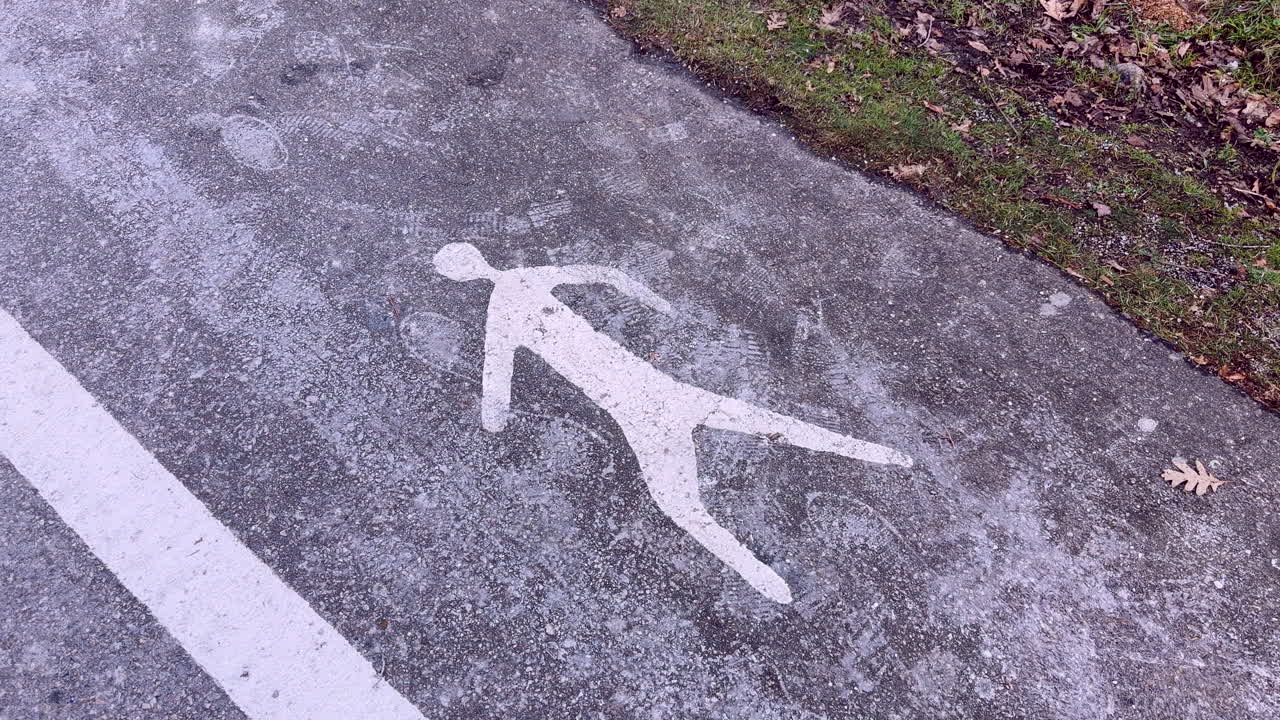 White pedestrian marking painted on worn pavement surface