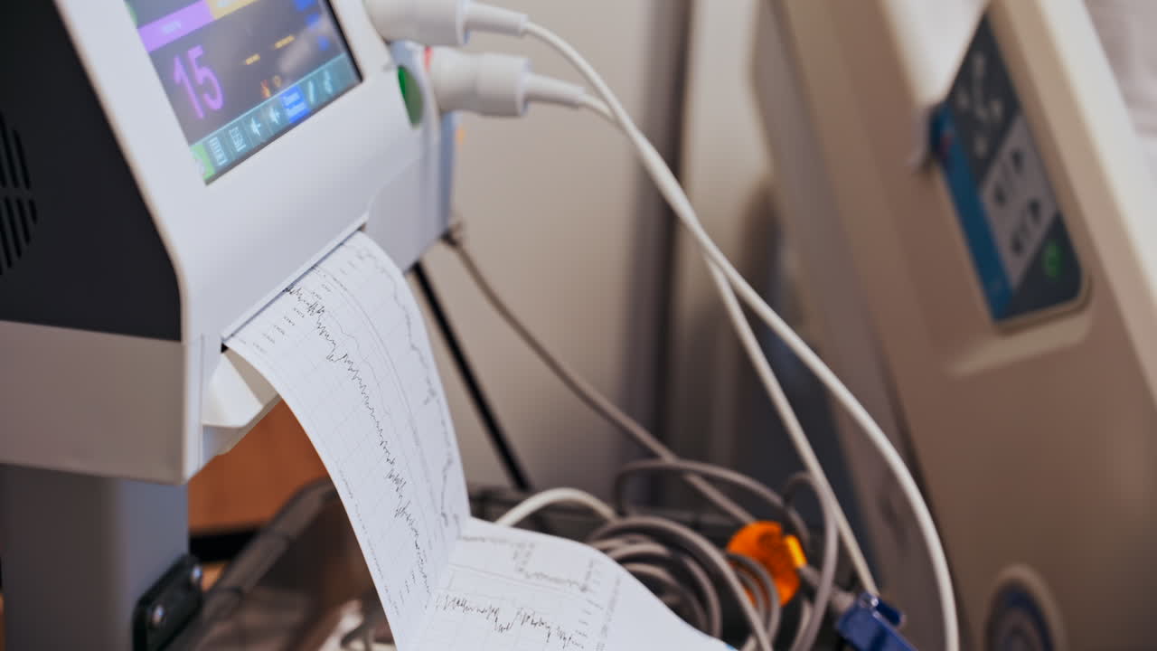 Close-up of a fetal monitor in a doctor's office, displaying fetal heart rate and uterine contraction data during a prenatal check-up