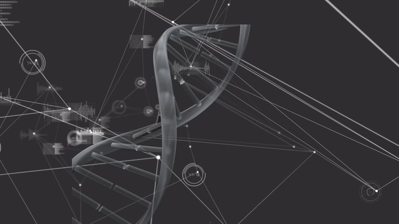 검은 바탕에 연결 네트워크와 데이터 처리를 통해 dna 가닥의 애니메이션