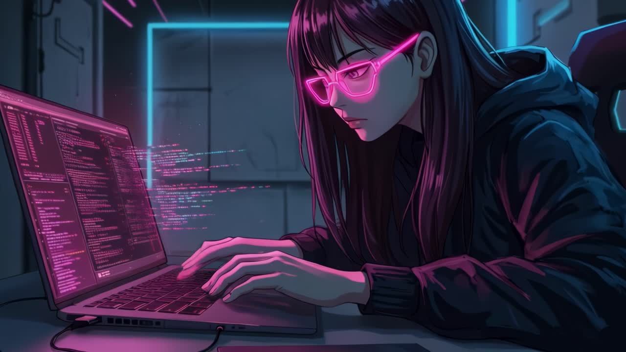 A young woman is deeply focused on coding as she works late into the night, surrounded by the vibrant glow of neon lights in her modern workspace
