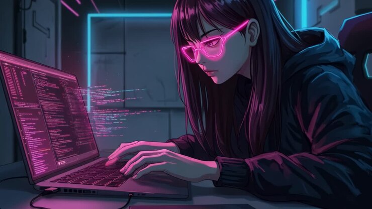 A young woman is deeply focused on coding as she works late into the night, surrounded by the vibrant glow of neon lights in her modern workspace
