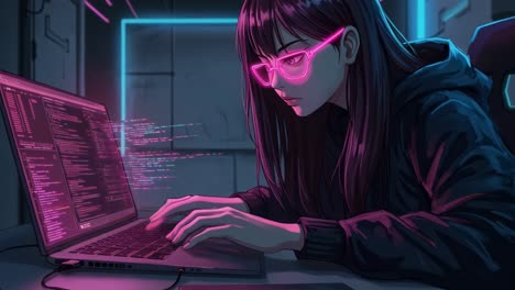 a young woman is deeply focused on coding as she works late into the night, surrounded by the vibrant glow of neon lights in her modern workspace