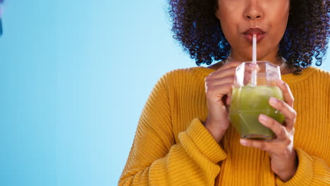 green juice, black woman and healthy smoothie