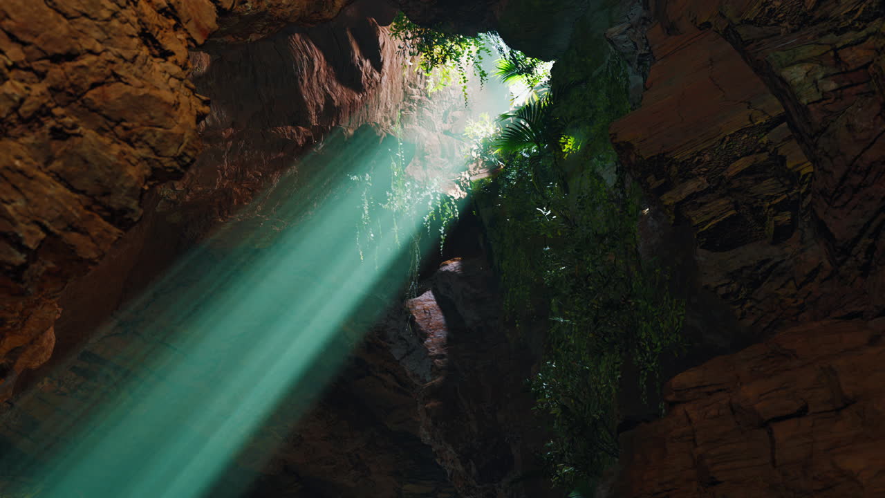Light Beam Shining Through a Dark Cave Entrance