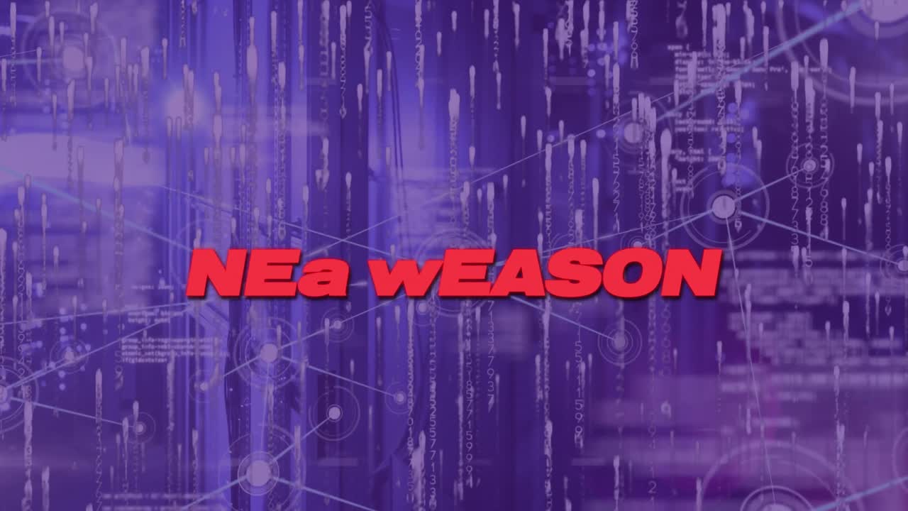 Animation of new season text with network of connections and data processing over server room