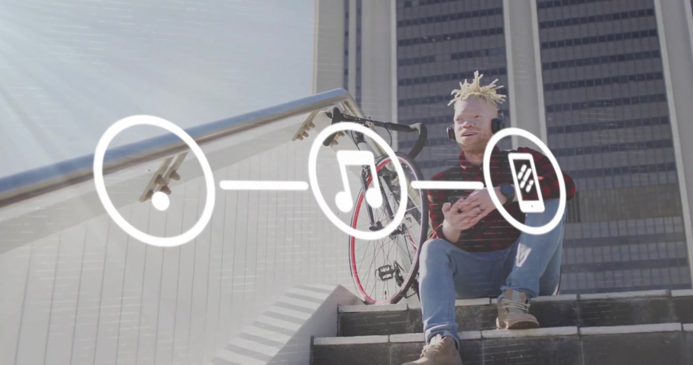 Man tapping smartphone from pocket on steps initiating tech animated wireless arrow music data flow